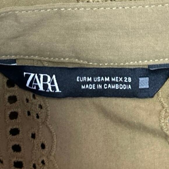 Zara Olive Green Long Sleeve Embroidered Eyelet V Neck Button Up Blouse Top Sz M - Picture 4 of 5